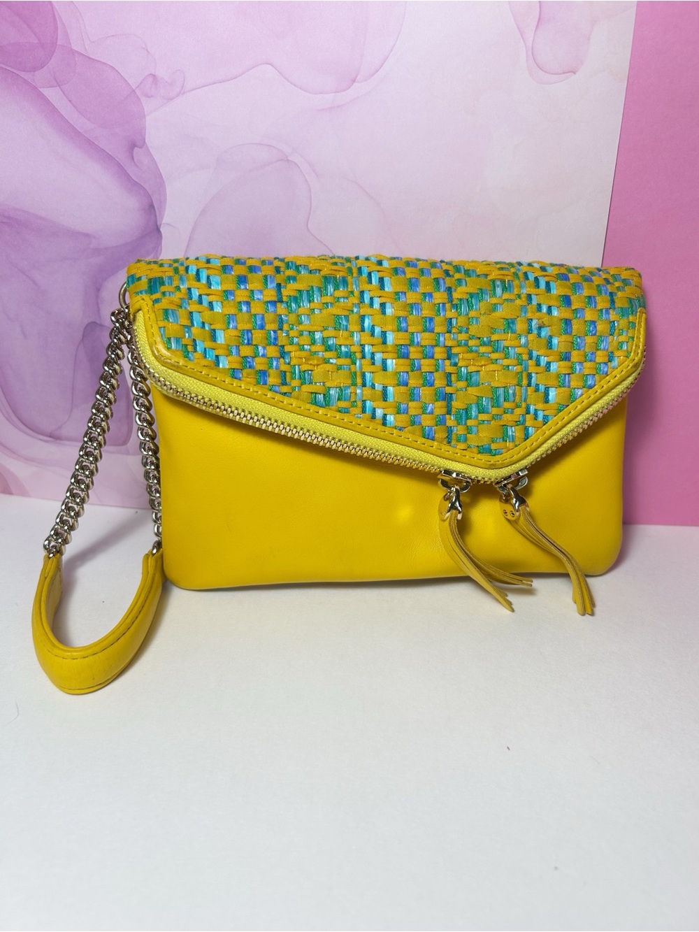 Henri Bendel Yellow Woven Leather Foldover Clutch Wristlet